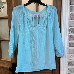 Lilly Pulitzer‎ Moxy Blouse Sz M Turquoise White Stripe 100% Silk 3/4 Sleeve